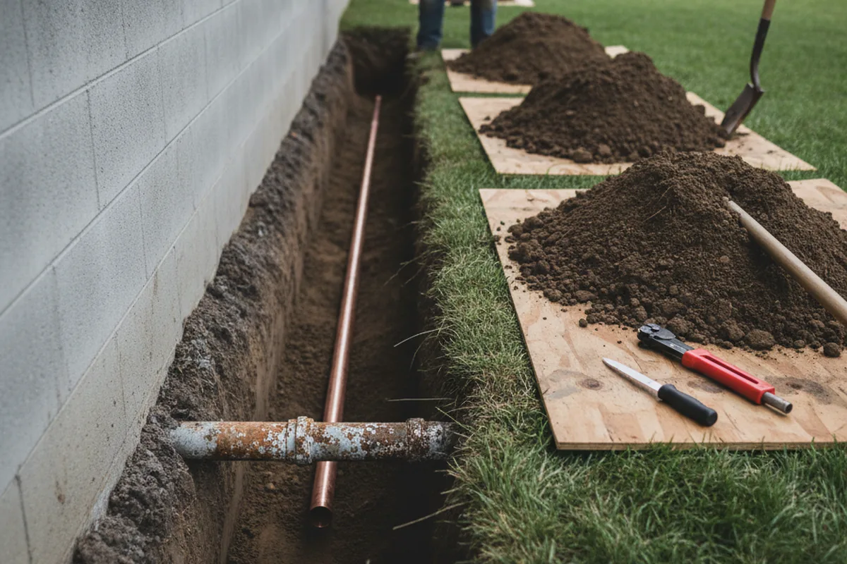 Excavated water line trench during Sewer Line Repair in Walker